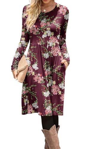 Image of DB MOON Women Casual Long Sleeve Dresses Empire Waist Knee Length Loose Dress with Pockets