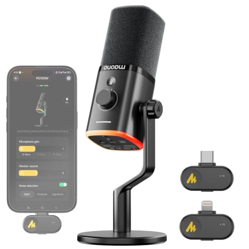 Image of MAONO PD100W Wireless Dynamic Desktop Microphone for iPhone, Android & PC | USB-C & Lightning Receivers, Noise Reduction, RGB Lighting, Plug & Play for Podcasting,Gaming, Streaming and Content Creation