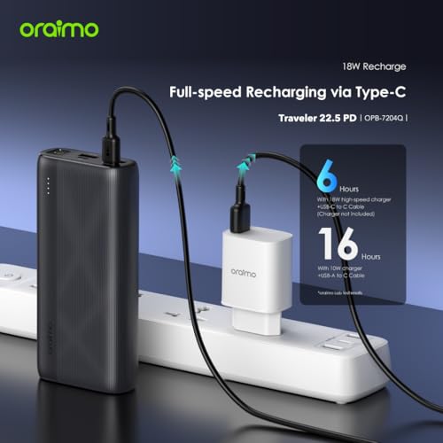 باور بانك ترافالير 22.5 بي دي 20000 مللي امبير في الساعة مع شحن سريع 20 واط، مخرج ثلاثي، مدخل نوع سي ومايكرو، حماية متعددة الطبقات مع مصباح LED من اورايمو