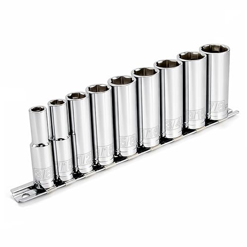 Powerbuilt 9 Piece 3/8-Inch Drive SAE Deep Socket Set, Sizes 3/8-Inch to 7/8-Inch, 6-Point Z-Drive, Chrome Vanadium Steel with Storage Rail - 641717