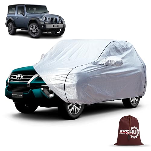 Image of AYSHU Waterproof Car Cover Compatible with Mahindra Thar | Mirror & Antenna Pocket | Anti-Scratch Soft Cotton Inner Layer | Triple Stitched | Heat Resistant Metallic Silver | All-Weather Protection