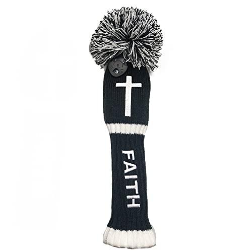 Knitted Golf Club Head Covers Driver 460Cc Faith Cross Christian Embroidered Gift Wood Pom Pom Pull-On Closure (5 Wood)