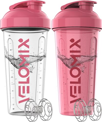 -2 Pack- 28 oz Protein Shaker Bottles for Protein Mixes - 2x Wire Whisk | Leak Proof Shaker Cups for Protein Shakes | Protein Shaker Bottle Pack (Pink/Transparent)