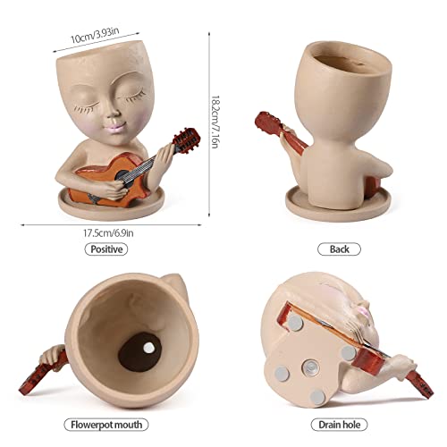 Wizgsz Face Planters Pots Head Planter For Indoor Outdoor Plants Cute Lady Play The Guitar, Succulent Planter With Drainage Hole Face Flower Pots (Khaki) #TOP6