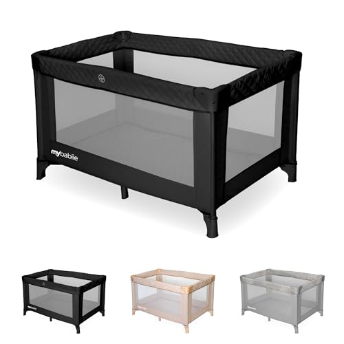 Travel Cots My Babiie Travel Cot – Lightweight, From Birth to 15kg, Easy Fold & Compact, Travel Bag, 120cm x 60cm Padded Mattress – Quilted Black