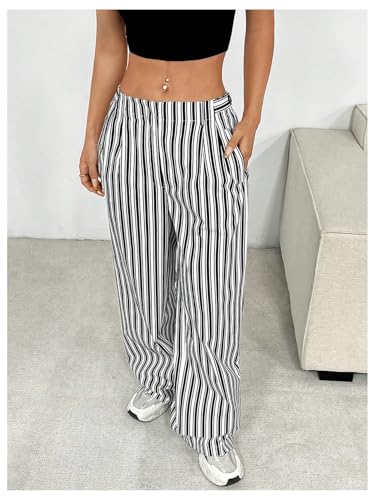 MakeMeChic Women's Striped Pants Wide Leg Elastic Waist Long Trousers with Pockets4