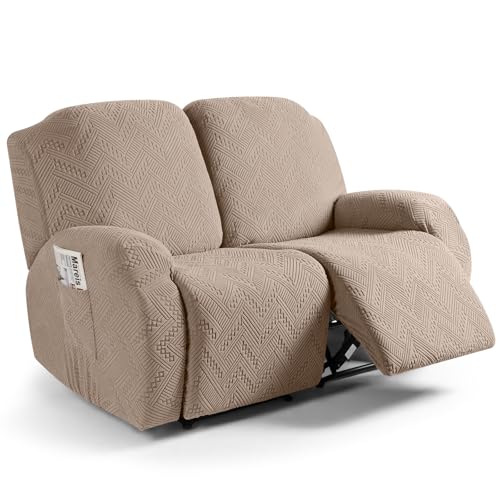 Image of Ruaozz Recliner Sofa Covers Recliner Chair Covers Loveseat Recliner Slipcovers with Pockets Washable Furniture Protector with Elastic Bottom (2 Seater, Khaki)