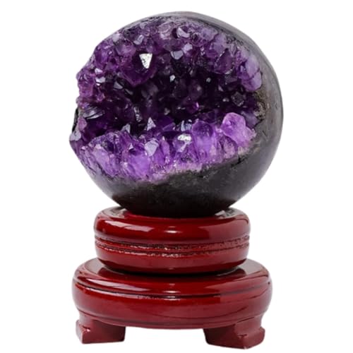 水晶玉、 アメジスト ドゥルージー ジオード クリスタルボール、木製ベース付きストーンクリスタルスフィアボール、複数のサイズ(5-5.5cm)