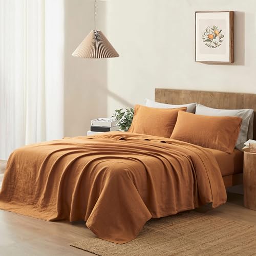 Image of ATLINIA 100% Pure Flax Linen Bedding Set - Stone Washed French Linen Fabric Deep Pocket Fitted Sheet Farmhouse Flat Sheet 2 Pillowcases (Rust, Full)