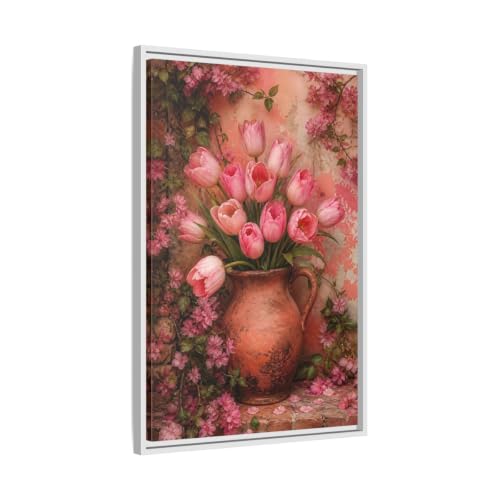 Toile tulipes roses pour décorer le mur au-dessus d'une console