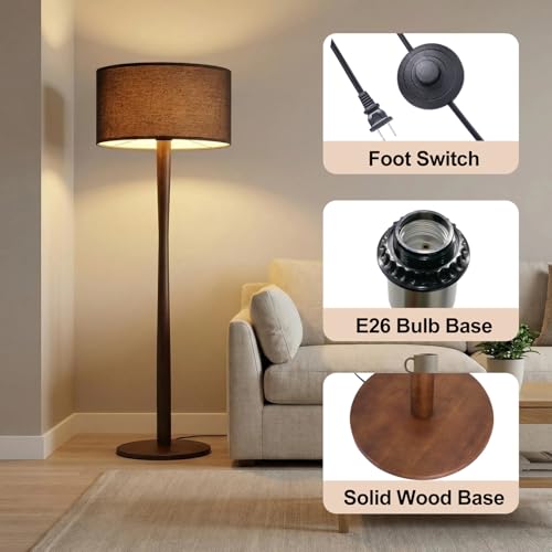 Image of 62 inch Tall Rustic Walnut Wood Floor Lamp with Large Linen Shade, Black