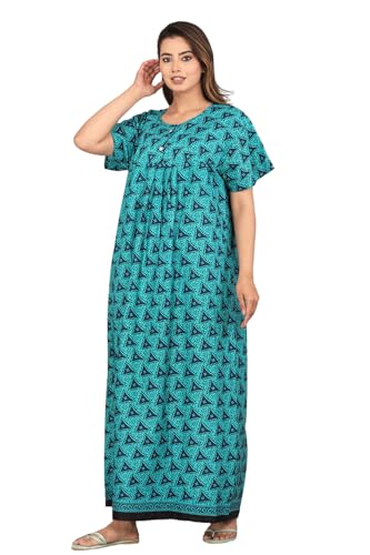Image of Kuruti B Sheets Cotton Nighty for Women Jaipuri Print 2 Button Round Neck Short Sleeve Night Gown | Maxi Dress