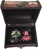 Detalle para Regalo, Baúl de madera pequeño estampado de mapas con tarritos miniaturas de queso de torta y mermelada de frambuesa