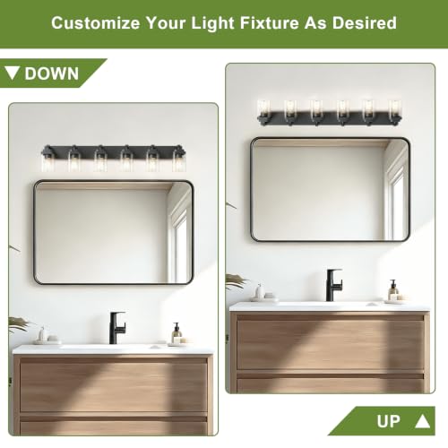 Image of Black Bathroom Light Fixtures, 6 Lights Bathroom Lighting Fixtures Over Mirror, Square Design & Rectangle Large Backplate, Modern Vanity Lighting Fixtures, for Bathroom /Living Room /Bedroom