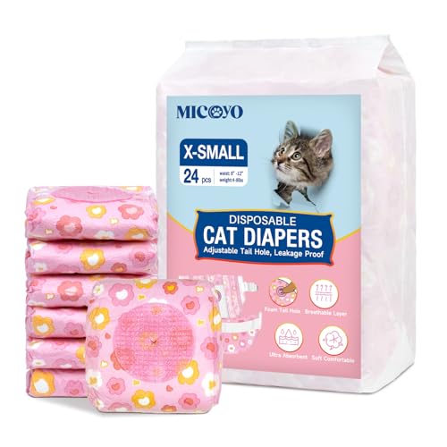 MICOOYO Disposable Cat Nappies Female Super Absorbent Puppy Nappies Cat Dog Hygiene Pants Cats Diapers for Female in Heat & incontinence(XS, 24pcs,pink)