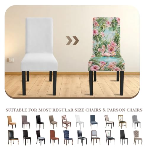 Image of Pink Flamingo Dining Chair Covers Set of 4, Tropical Slipcovers