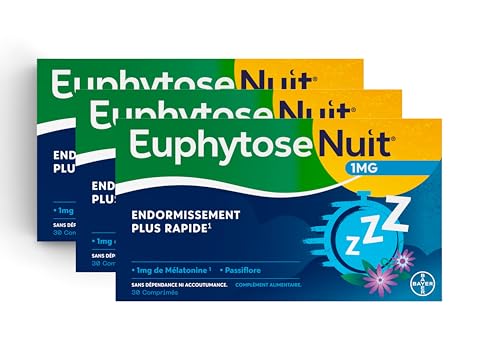 EuphytoseNuit - Complément alimentaire adulte - Mélatonine 1mg - Endormissement plus rapide - Passiflore : Sommeil de qualité - 3 Packs de 30 Comprimés - 90 nuits de sommeil - Fabriqué en France