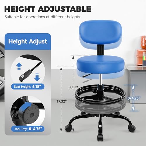 Image of Shop Stool with Wheels for Garage, Mechanics Rolling Chair with Backrest, Adjustable Height Heavy Duty Garage Stool with Footrest and Storage Tray, Swivel Task Chair for Workshop Kitchen Salon (Blue)