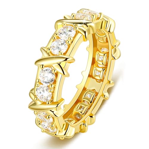 AiliFe XO Round Cubic Zirconia Ring with 14K Yellow Gold Plated, CZ Inlaid Light Luxury Fashion Rings for Wedding Band Engagement Promise Cocktail Jewelry (6)