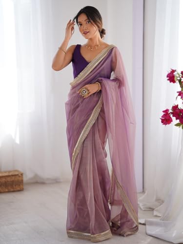 Image of AKHILAM Women's Shimmer Net Solid Saree With Unstitched Blouse Piece