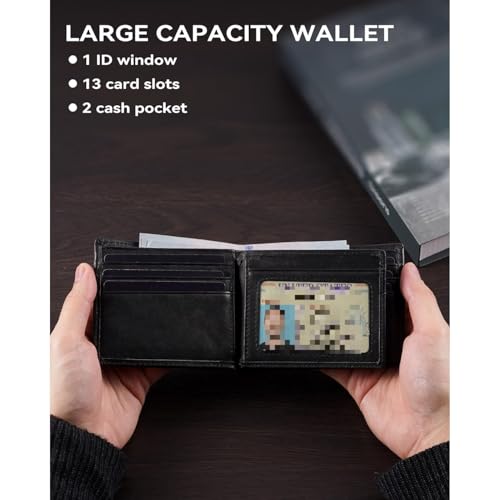 Genuine Leather Wallet for Men RFID Blocking Slim Bifold Large Capacity 13 Card Slots 1 ID Window Front Pocket Gift (Black-01)2