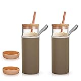 tronco Iced Coffee Cup Glass Tumbler with Straw and Bamboo Lid|Wide Mouth Reusable Smoothie Cup with...