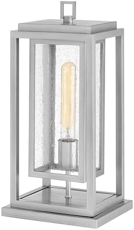 Hinkley Republic Single Light Medium Outdoor Pier Mount Lantern, Transitional/Modern, Double Frame Design, Coastal Elements, Satin Nickel Finish