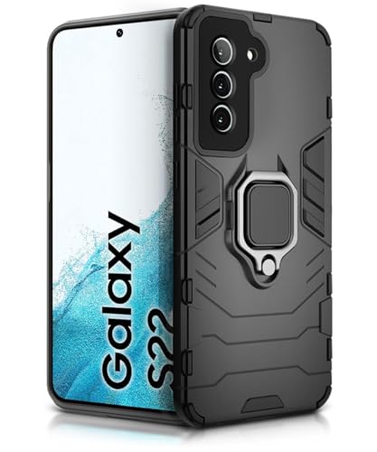 Image of WOW IMAGINE Shock Proof Back Case Mobile Cover for Samsung Galaxy S22 5G | Back Cover Case (Tough Armor | Hybrid PC + TPU | Ring Holder & in-Built Kickstand | Black)