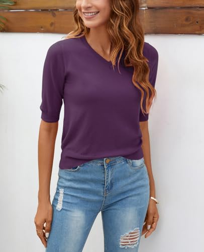 Image of Women Summer Knit Shirt Blouse V Neck Short Sleeve Pullover Sweater Tops