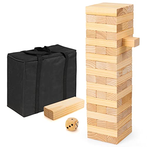 DREAMADE XXL Wackelturm mit 54 Bausteinen & Würfel & Tragetasche, Tumbling Tower aus Kiefernholz, Holzturm, Höhe bis 121cm, für Kinder & Erwachsene, für Outdoor & Indoor Cover