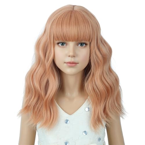 Image of PATTNIUM Light Orange Wig for Kids Girls Short Orange Curly Wigs with Bangs Shoulder Length Wavy Heat Resistant Synthetic Wig