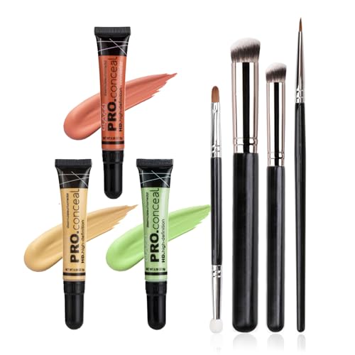 Set de correctores líquidos, 3 tonos de corrector en crema (8 g cada uno), maquillaje ligero, de larga duración y cobertura total, sin aceite, para ojeras e imperfecciones, 4 brochas de maquillaje