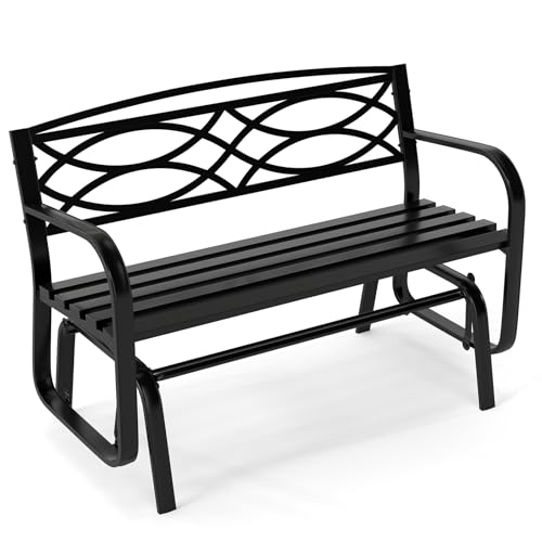 Tangkula 2-Person Outdoor Glider Bench, Patio Rocking Loveseat Chair with Metal Frame, Armrests, Geometric Backrest and Slatted Seat for Porch, Garden, Deck and Backyard