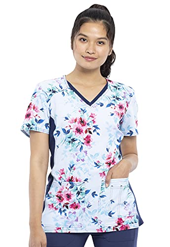 Cherokee iflex Women Scrubs Top V-Neck Knit Panel CK636, M, Fancy Floral