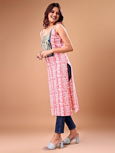Image of EthnicJunction Women's Cotton Blend Straight Fit Straight Embroidered Batik Print Shoulder Straps Kurta | Navratri Special Kurta