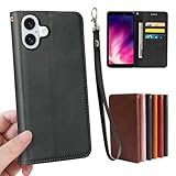 【GoKIGIoD】 左利き用 iPhone16 ケース 手帳型 右開き カバー - 内蔵マグネット 弱磁 スタンド カード収納 ストラップホール 同梱 レトロ ブラック