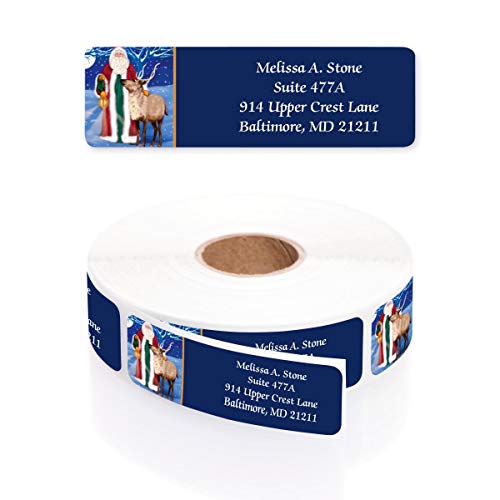 Santa & Reindeer Designer Rolled Address Labels with Elegant Plastic Dispenser
