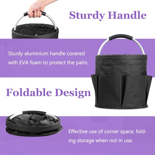 Image of 2Pcs Collapsible Cleaning Caddy with Handle, 17L Foldable Cleaning Supply Caddy, Bucket Tool Organizer in 600D Oxford Fabric, Multifunctional Storage Basket for Cleaning, Traveling, Black