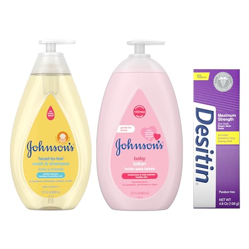 Image of Johnson's Baby Bundle of Head-to-Toe Gentle Tear-Free Baby Wash & Shampoo 27.1 fl. Oz+ Mild Moisturizing Lotion 27.1 Fl. Oz + Desitin Maximum Strength Baby Diaper Rash Cream with 40% Zinc Oxide 4.8 oz