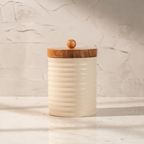 Image of Ecru Canister - Ceramic Storage Jar with Acacia Wood Lid - Ideal for Coffee, Sugar, Snacks & More (5x5x7.625 inches)