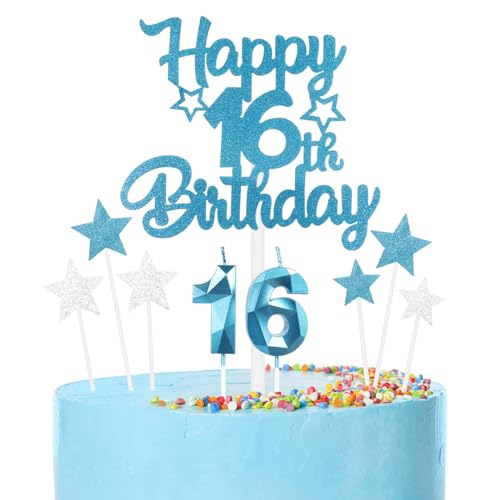 iNINGER 16th Birthday Candles & Toppers - Blue 16 Candle, Star Toppers for Boys & Girls 16th Birthday & Wedding Anniversary