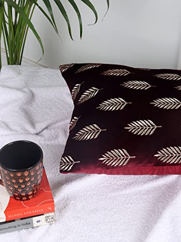 Image of Decoghar | Wine Handmade Sofa Cushion Covers | Golden Zari Leaf Embroidered Square Throw Pillow Cushion Cover | 16 X 16 Inch | Pack of 5
