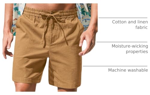 Image of RQP Mens Cotton Linen Shorts Casual Drawstring 7inch Inseam Shorts Stretch Summer Beach Wear