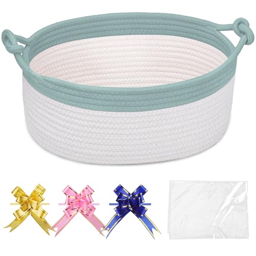 Image of COMSE Small Gift Basket Empty with Bag & Ribbons, Light Green & White