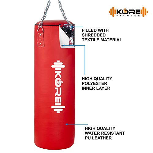 Image of KORE Ultimate 2 Feet Filled Heavy Red Punching Bag PU Leather Boxing MMA Sparring Punching Training Kickboxing Muay Thai with Rust Proof Stainless Steel Hanging Chain