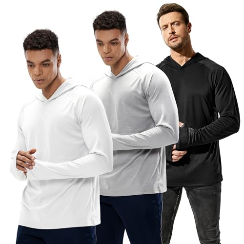 MIER Men's UPF 50+ Sun Protection Hoodie Long Sleeve SPF Fishing Hiking Thumbhole Hooded Shirts Quick Dry, 3 Pack