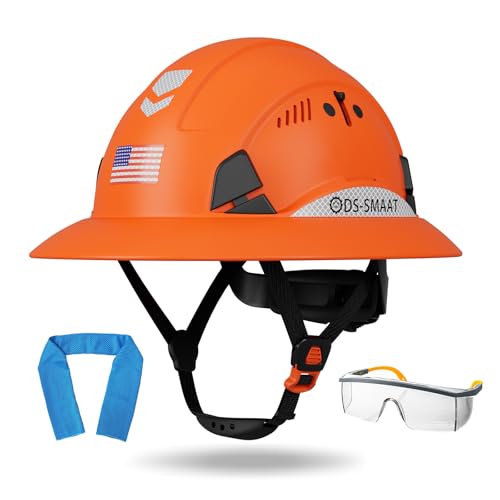 DS-SMAAT Construction Wide Brim Hard Hat Full Brim Hard Hat ANSI Z89.1 Type 1 & OSHA Certified Safety Helmet with Glasses with 6-Point Suspension & 4 Ventilation Ports (Orange)