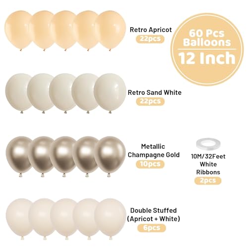 Image of Funhot Beige Balloon Set, 60PCS Nude Birthday Balloons, 12Inch Sand White Apricot Double Stuffed Balloon Neutral Champagne Gold Balloons for Birthday Baby Shower Wedding Boho Bride Party Decorations