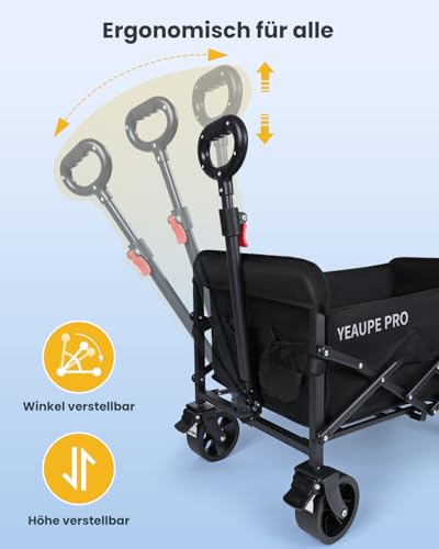 YEAUPE PRO Bollerwagen Faltbar, 125L 100KG Belastbar, All Terrain Bollerwagen mit 2 Wasserflaschentaschen und 1 Netztasche, Handwagen für Garten/Strand/Camping