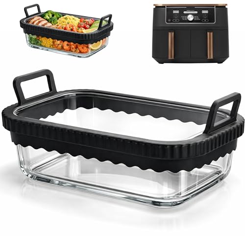 Hivio Auflaufform Airfryer für COSORI Heißluftfritteuse 2 Kammern/Ninja Heißluftfritteuse AF400EU/SL400EU/AF500EU/, Glas Airfryer Zubehör, BPA-frei, Herausnehmbarer Silikonring (Schwarz)